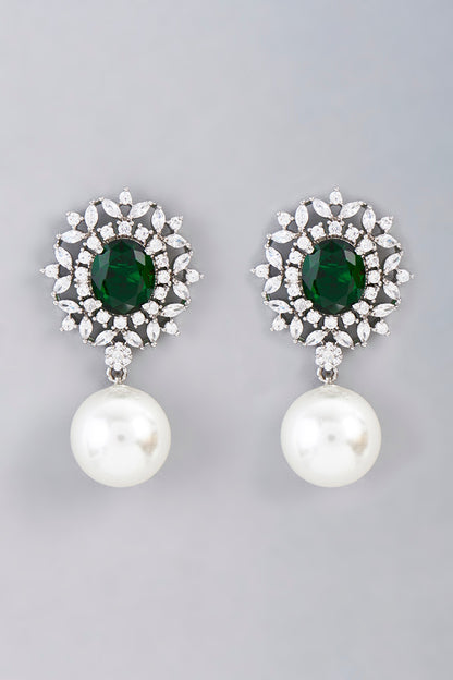 White Finish Green Synthetic Stone Dangler Earrings