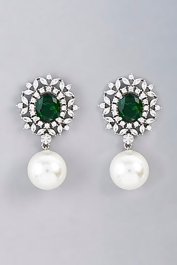 White Finish Green Synthetic Stone Dangler Earrings