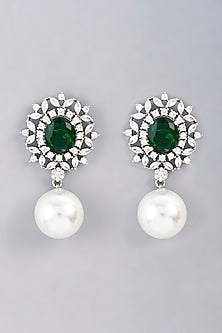 White Finish Green Synthetic Stone Dangler Earrings