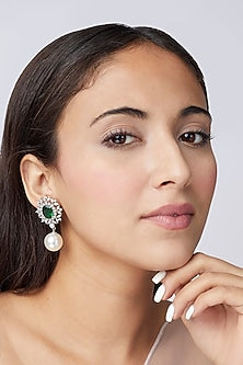 White Finish Green Synthetic Stone Dangler Earrings