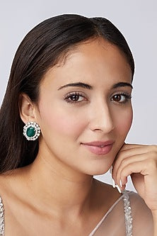 White Finish Green Synthetic Stone Stud Earrings