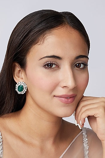 White Finish Green Synthetic Stone Stud Earrings
