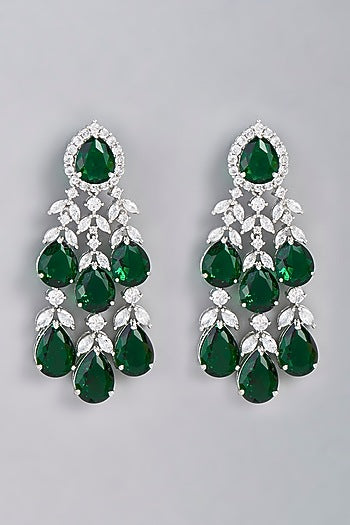 White Finish Green Synthetic Stone Dangler Earrings