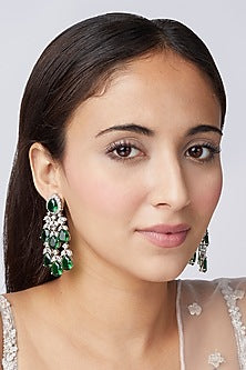 White Finish Green Synthetic Stone Dangler Earrings