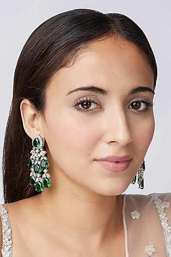 White Finish Green Synthetic Stone Dangler Earrings