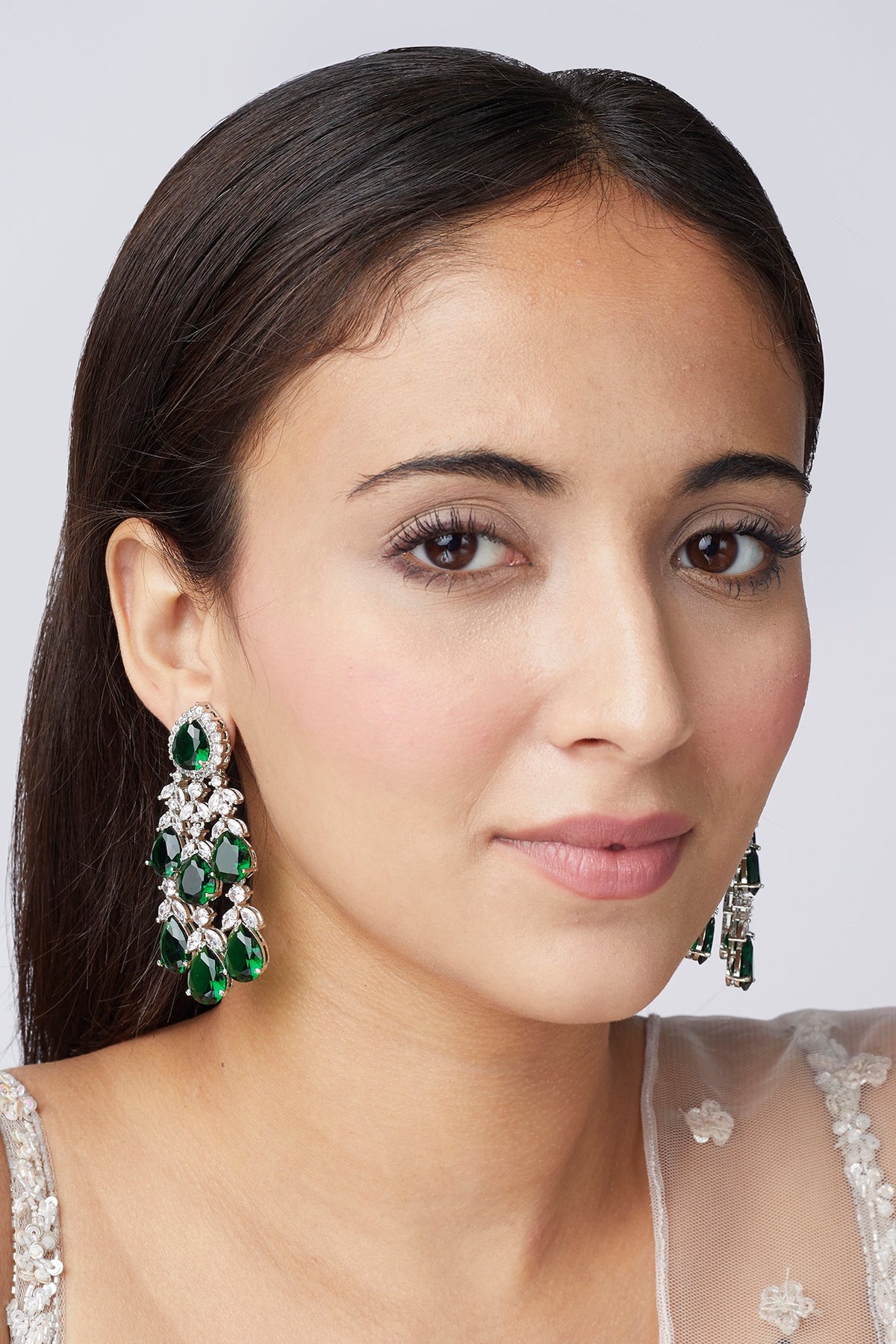 White Finish Green Synthetic Stone Dangler Earrings