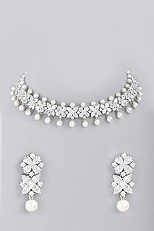 White Finish Faux Diamond & Pearl Choker Necklace Set