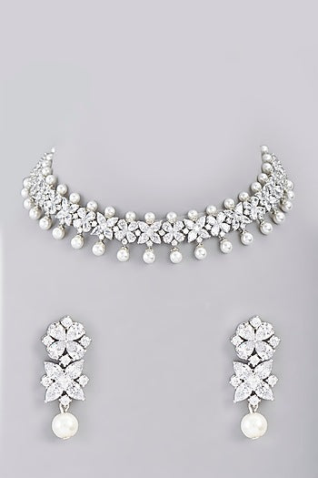 White Finish Faux Diamond & Pearl Choker Necklace Set