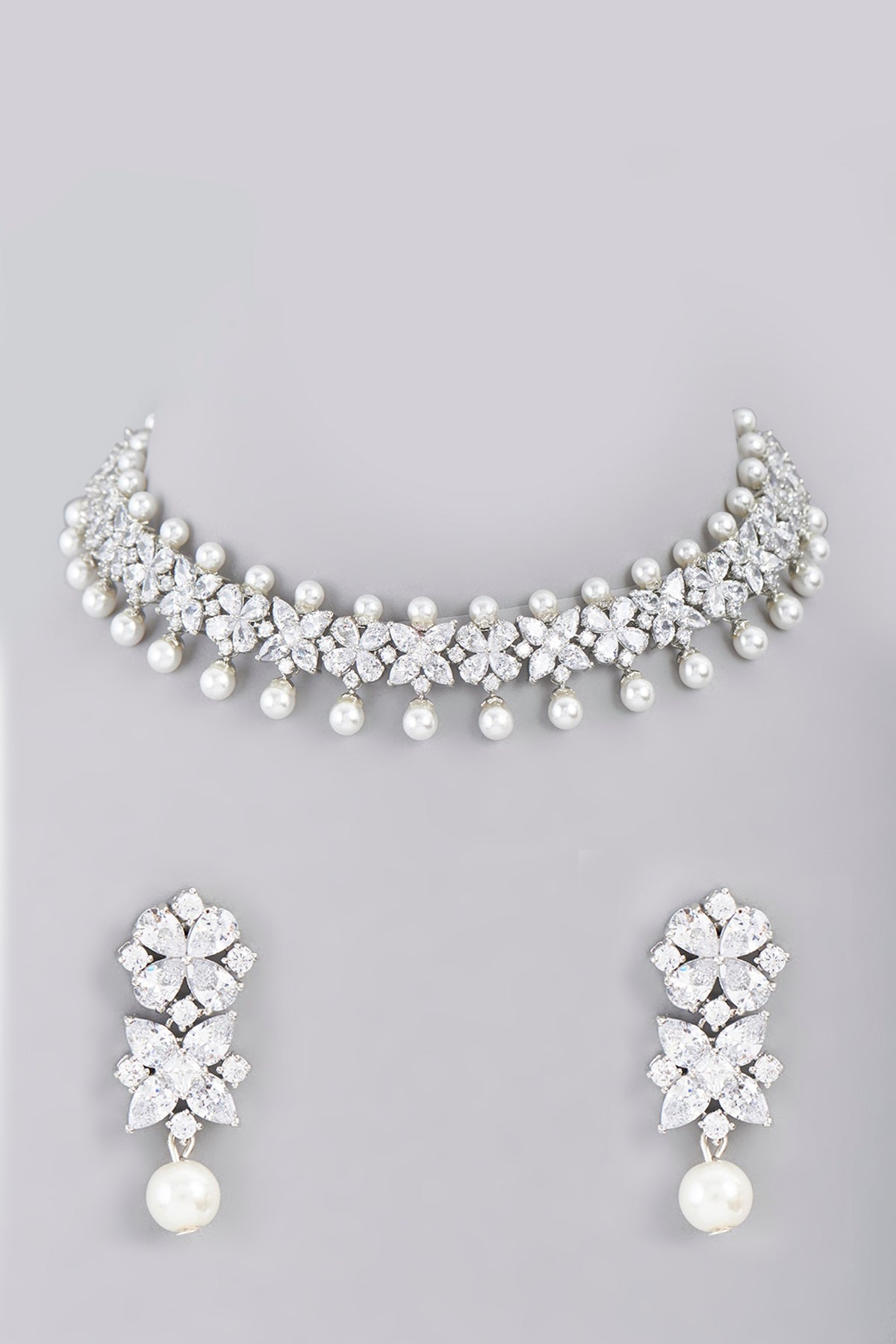 White Finish Faux Diamond & Pearl Choker Necklace Set