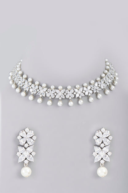 White Finish Faux Diamond & Pearl Choker Necklace Set