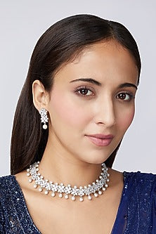 White Finish Faux Diamond & Pearl Choker Necklace Set