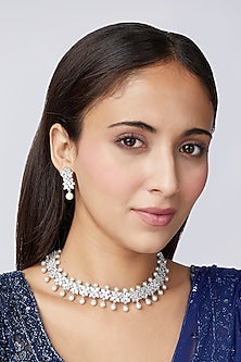 White Finish Faux Diamond & Pearl Choker Necklace Set