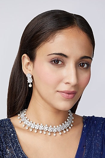 White Finish Faux Diamond & Pearl Choker Necklace Set