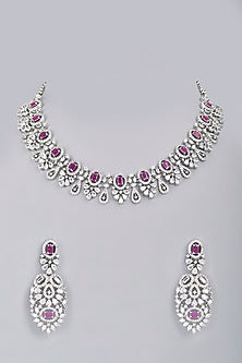 White Finish Red Stone Choker Necklace Set
