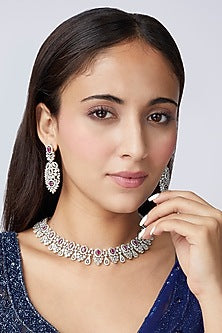 White Finish Red Stone Choker Necklace Set