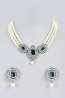 White Finish Green Stone & Pearl Necklace Set