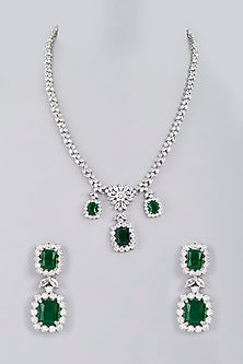 White Finish Green Stone Diamond Long Necklace Set