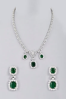 White Finish Green Stone Diamond Long Necklace Set