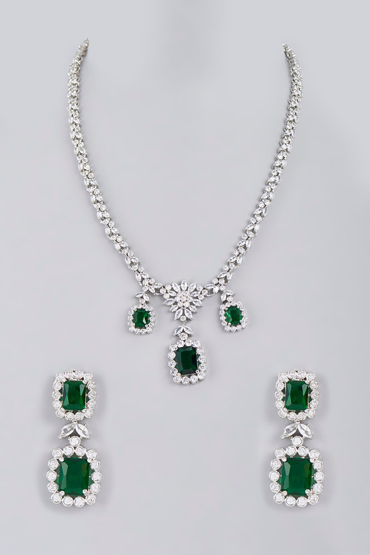 White Finish Green Stone Diamond Long Necklace Set