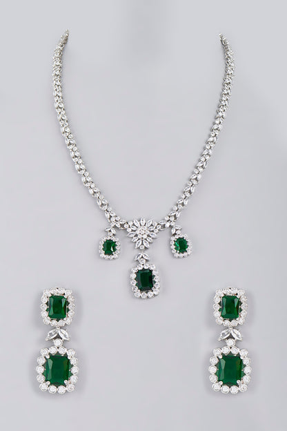 White Finish Green Stone Diamond Long Necklace Set