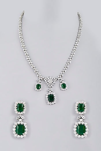 White Finish Green Stone Diamond Long Necklace Set