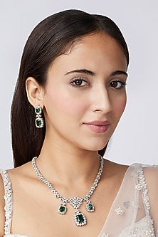 White Finish Green Stone Diamond Long Necklace Set