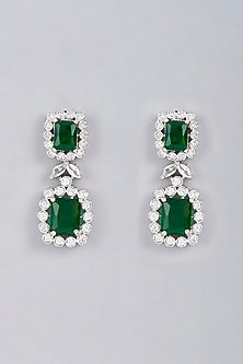 White Finish Green Stone Diamond Long Necklace Set