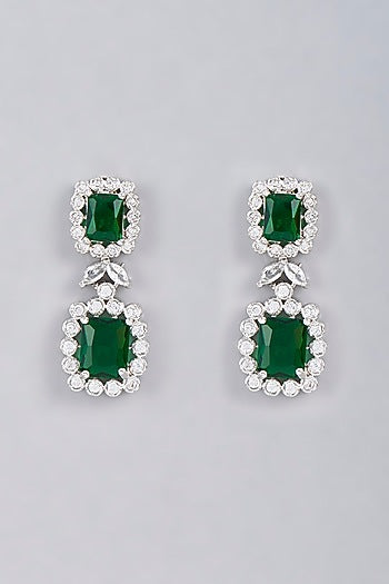 White Finish Green Stone Diamond Long Necklace Set