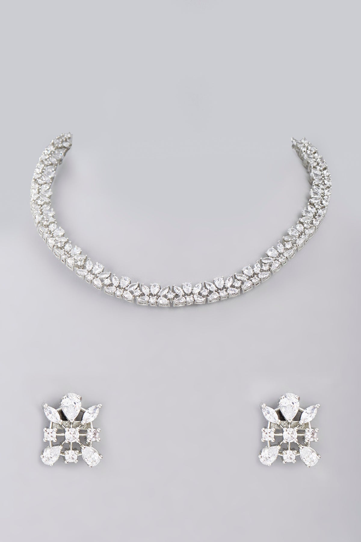 White Finish Faux Diamond Choker Necklace Set