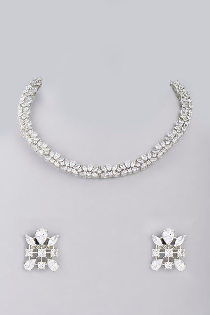 White Finish Faux Diamond Choker Necklace Set