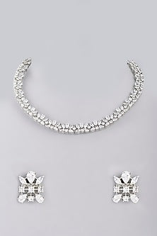 White Finish Faux Diamond Choker Necklace Set