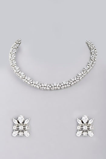 White Finish Faux Diamond Choker Necklace Set