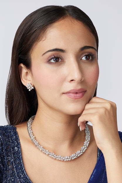 White Finish Faux Diamond Choker Necklace Set
