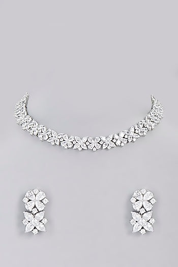 White Finish Faux Diamond Choker Necklace Set