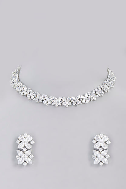 White Finish Faux Diamond Choker Necklace Set