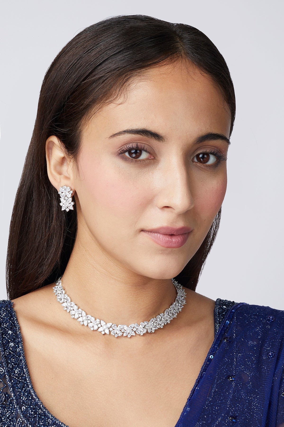 White Finish Faux Diamond Choker Necklace Set