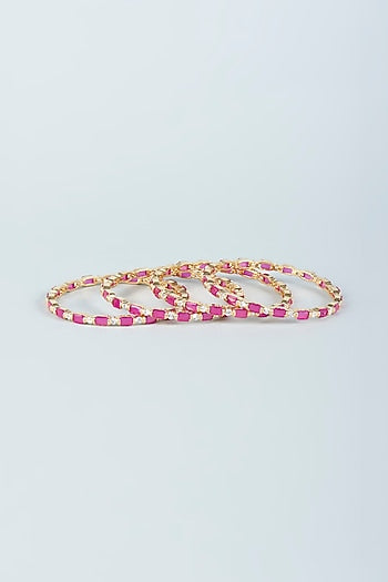 Gold Finish Red Zircons Bangles (Set of 4)