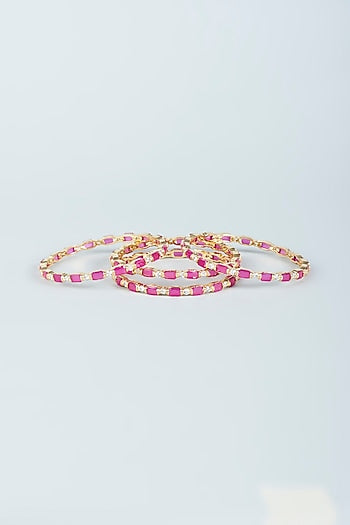 Gold Finish Red Zircons Bangles (Set of 4)