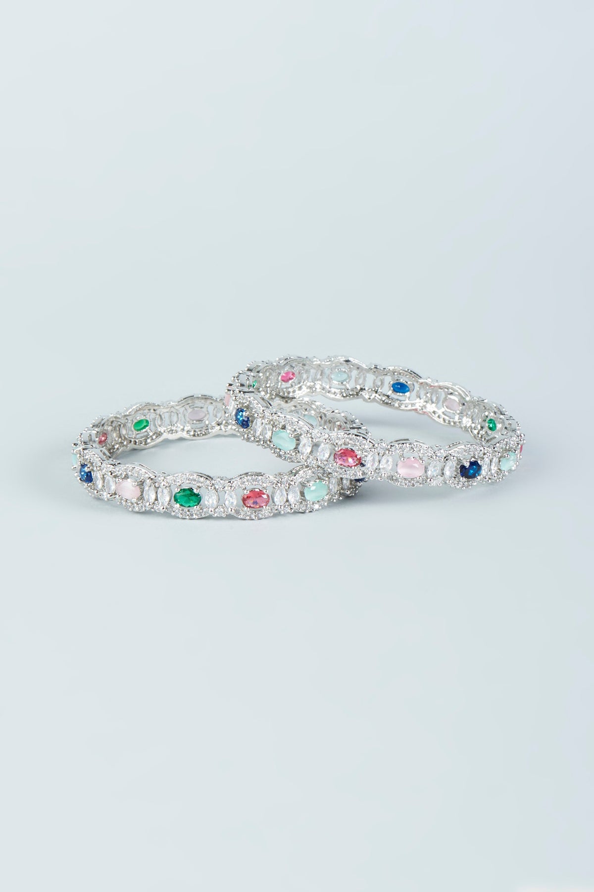White Finish Multi-Colored Synthetic Stones & Zircon Bangles (Set of 2)