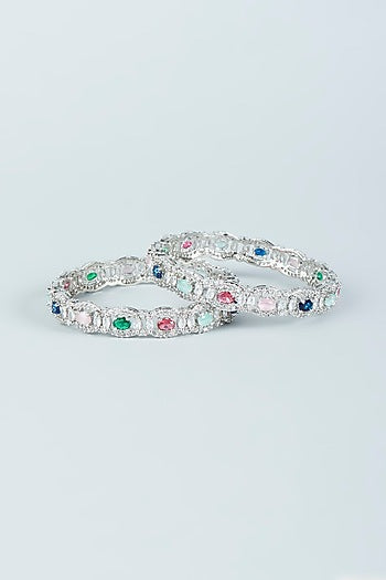 White Finish Multi-Colored Synthetic Stones & Zircon Bangles (Set of 2)