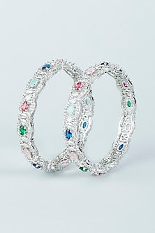 White Finish Multi-Colored Synthetic Stones & Zircon Bangles (Set of 2)