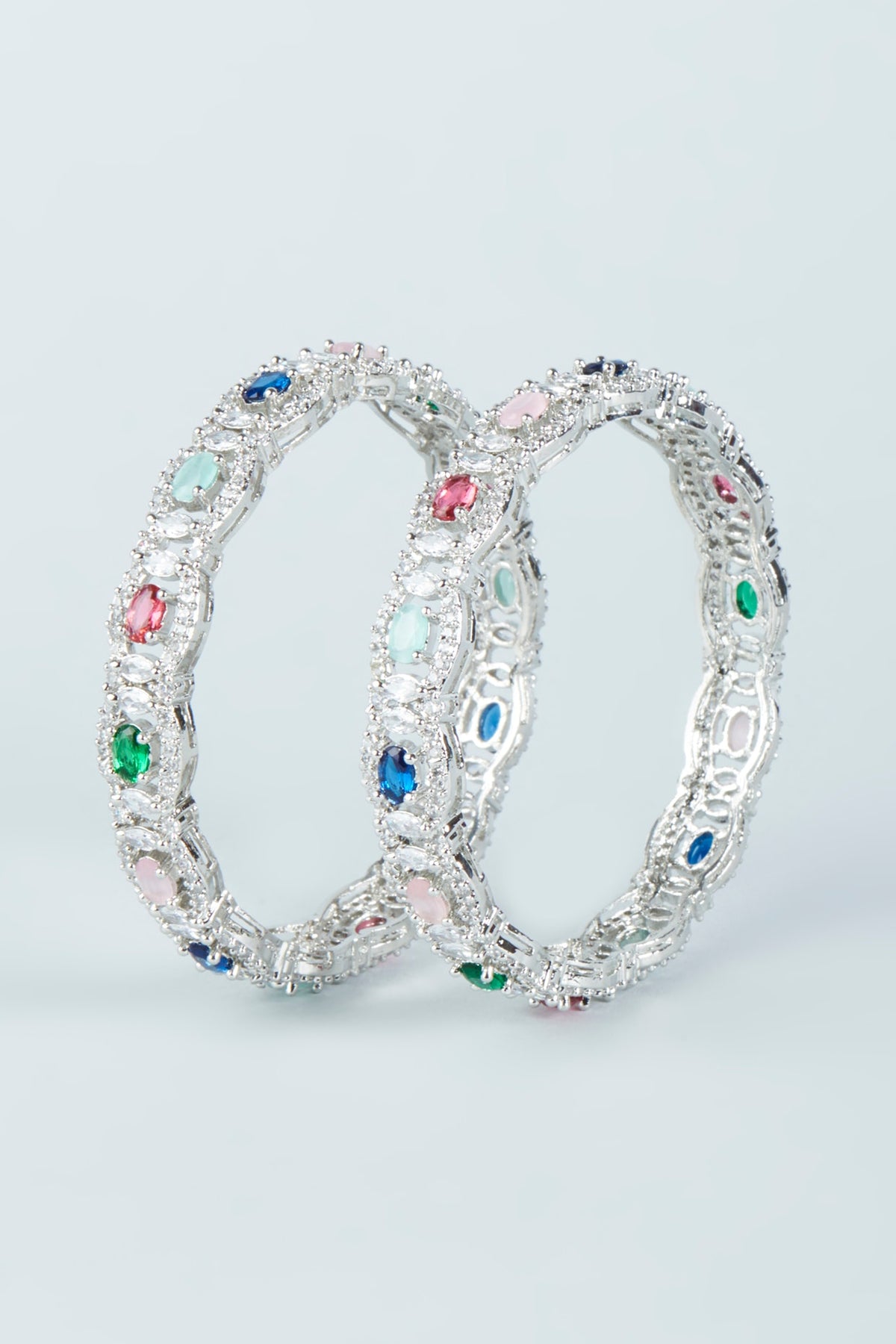 White Finish Multi-Colored Synthetic Stones & Zircon Bangles (Set of 2)