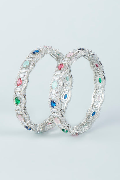 White Finish Multi-Colored Synthetic Stones & Zircon Bangles (Set of 2)