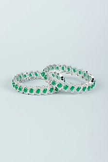 White Finish Green Zircon Bangles (Set of 2)