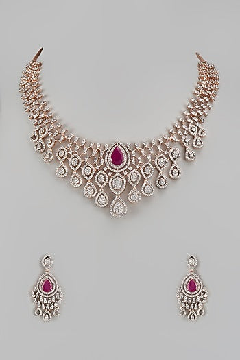 Rose Gold Finish Zircon & Red Stone Necklace Set