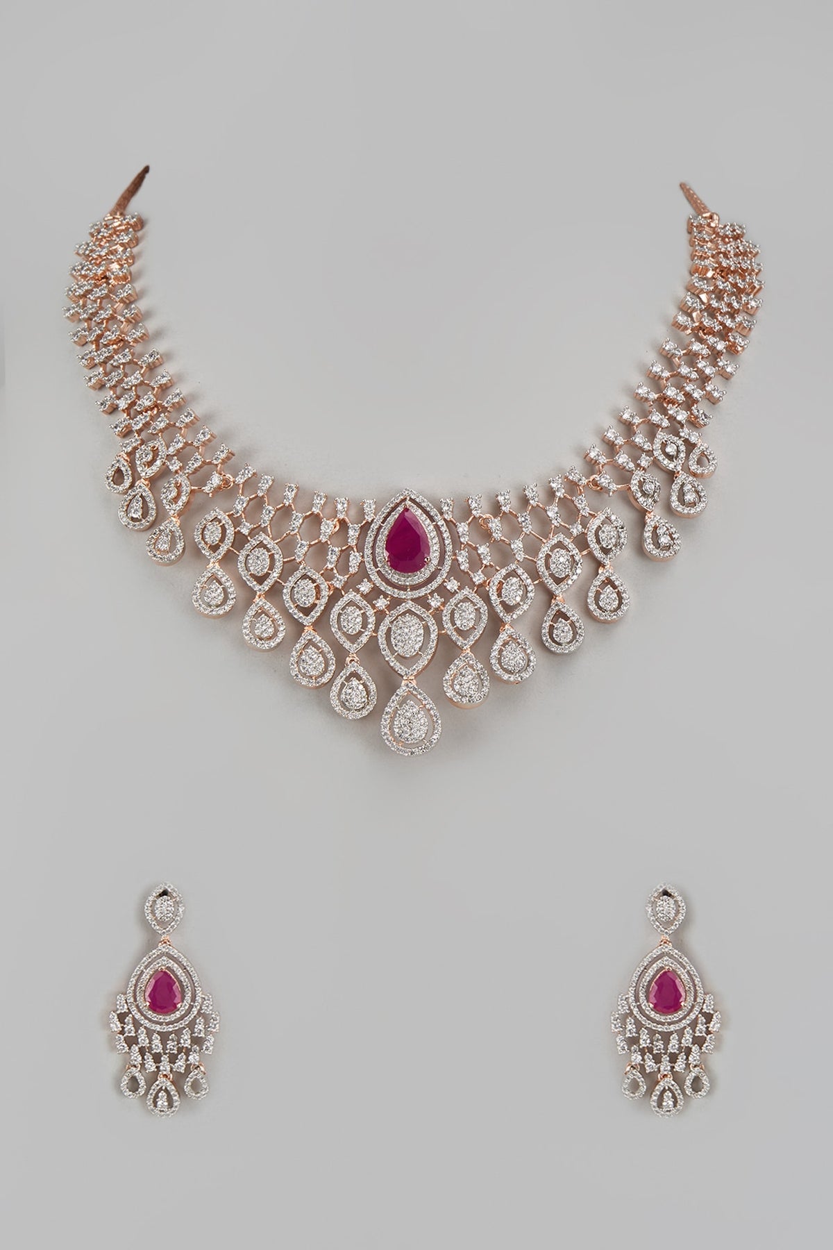 Rose Gold Finish Zircon & Red Stone Necklace Set