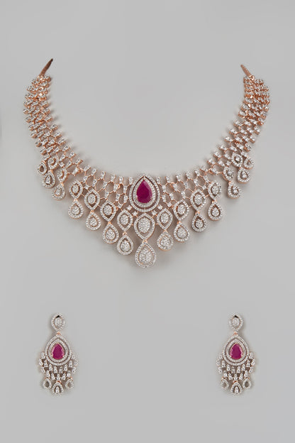 Rose Gold Finish Zircon & Red Stone Necklace Set