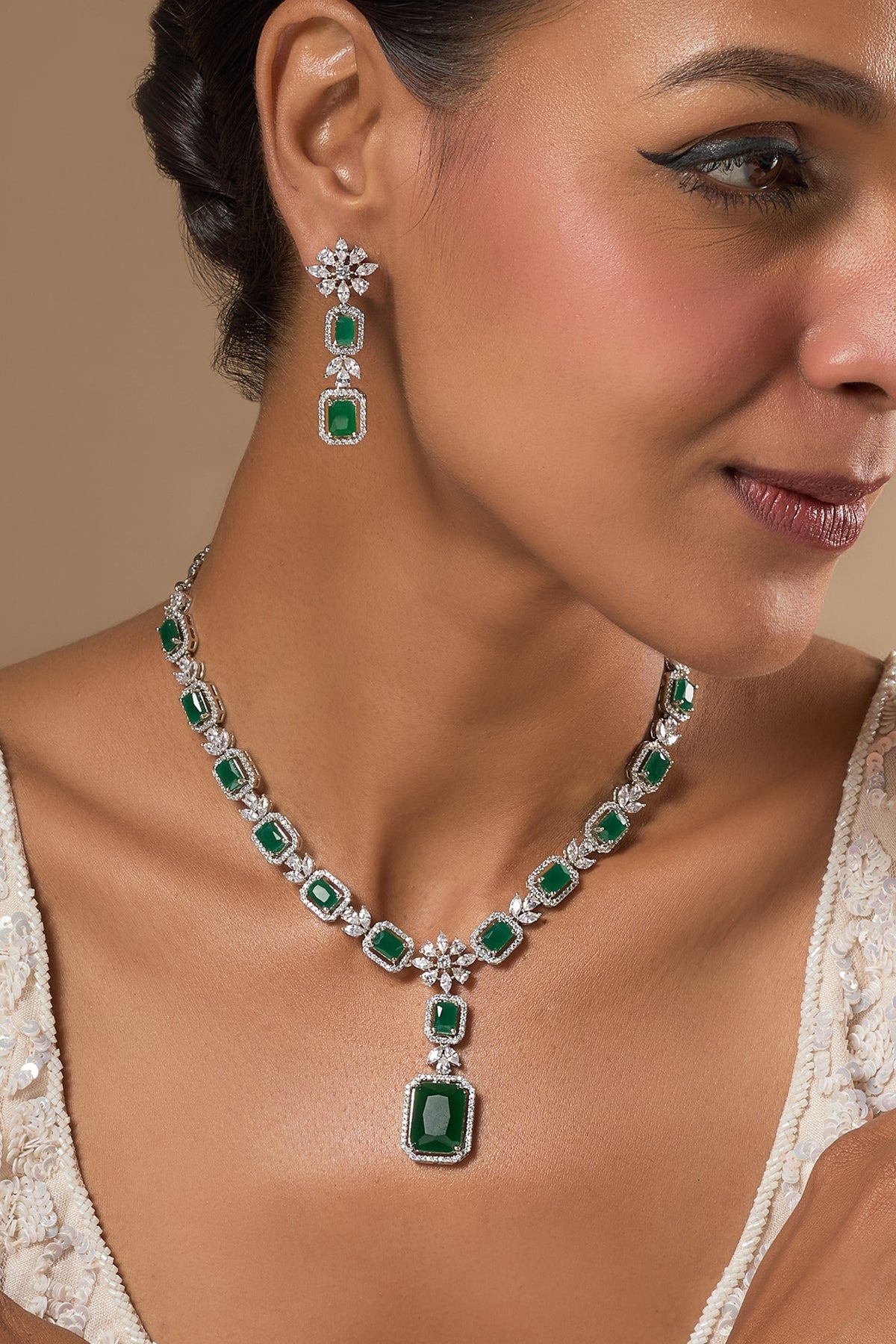 White Finish Zircon & Green Stone Long Necklace Set