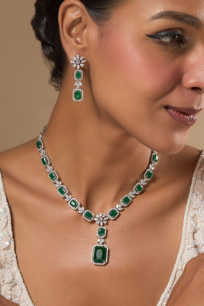 White Finish Zircon & Green Stone Long Necklace Set