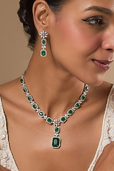 White Finish Zircon & Green Stone Long Necklace Set